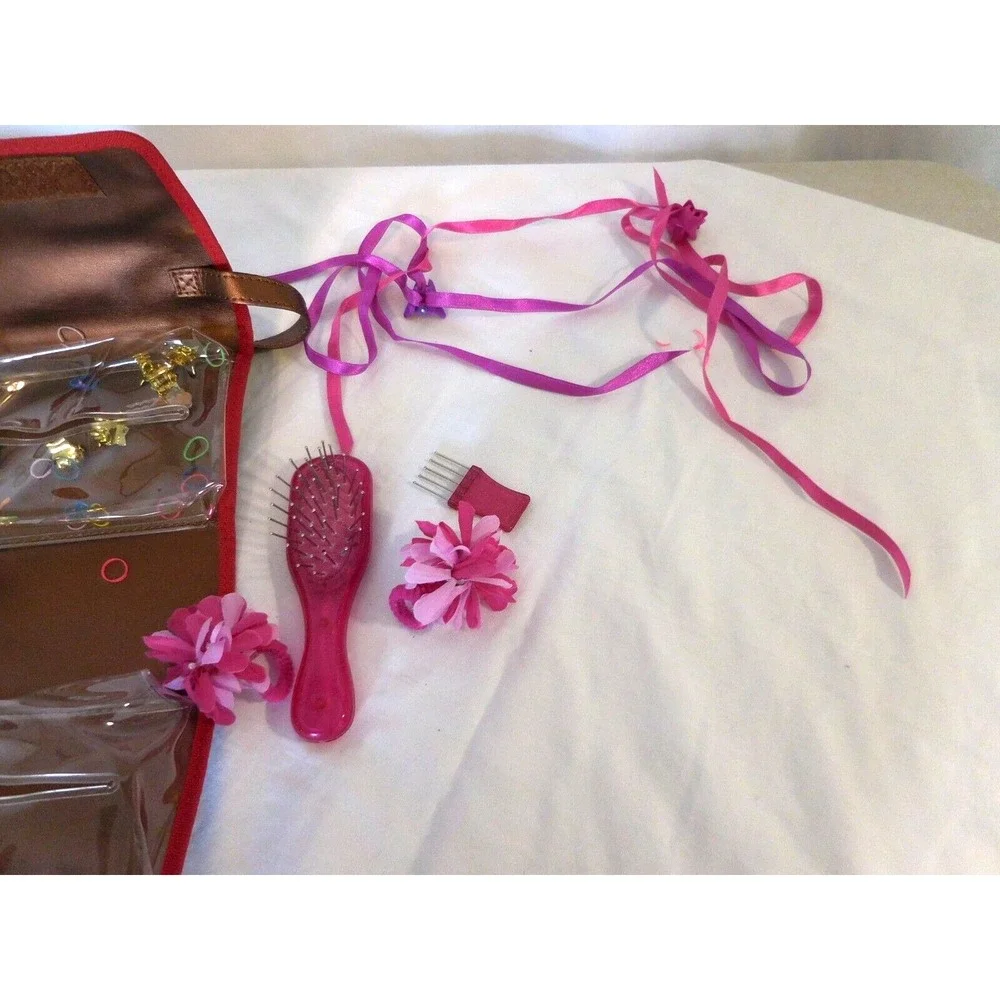 American Girl Doll Brown Red Storage Purse Handle Bag + Brush + Accessories